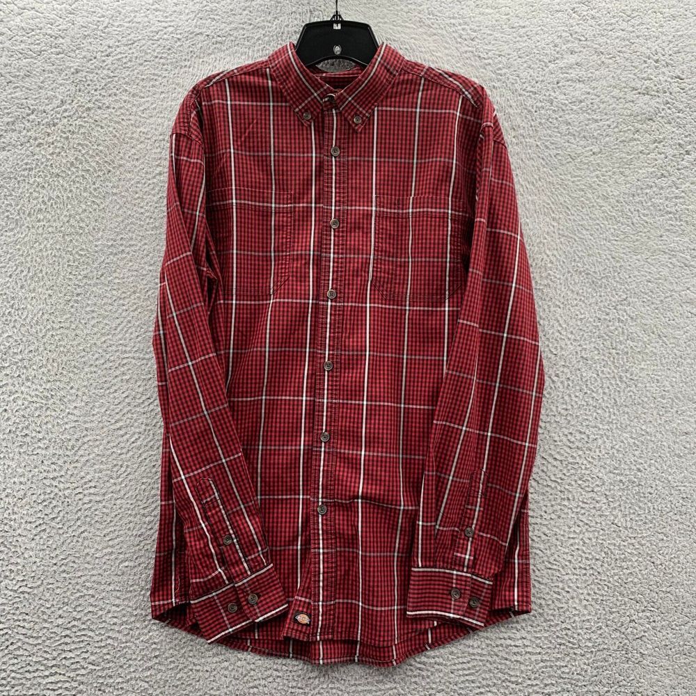 DICKIES Shirt Mens Medium Button Up Plaid Long Sleeve Relaxed Fit Red Black